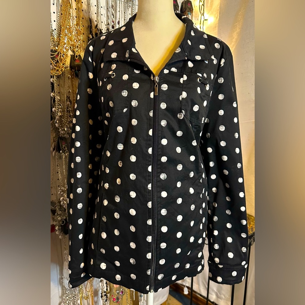 🎃3 for $15🎃Women’s Studio Works XL Black White Polka Dots ZipUp Lined Jacket
